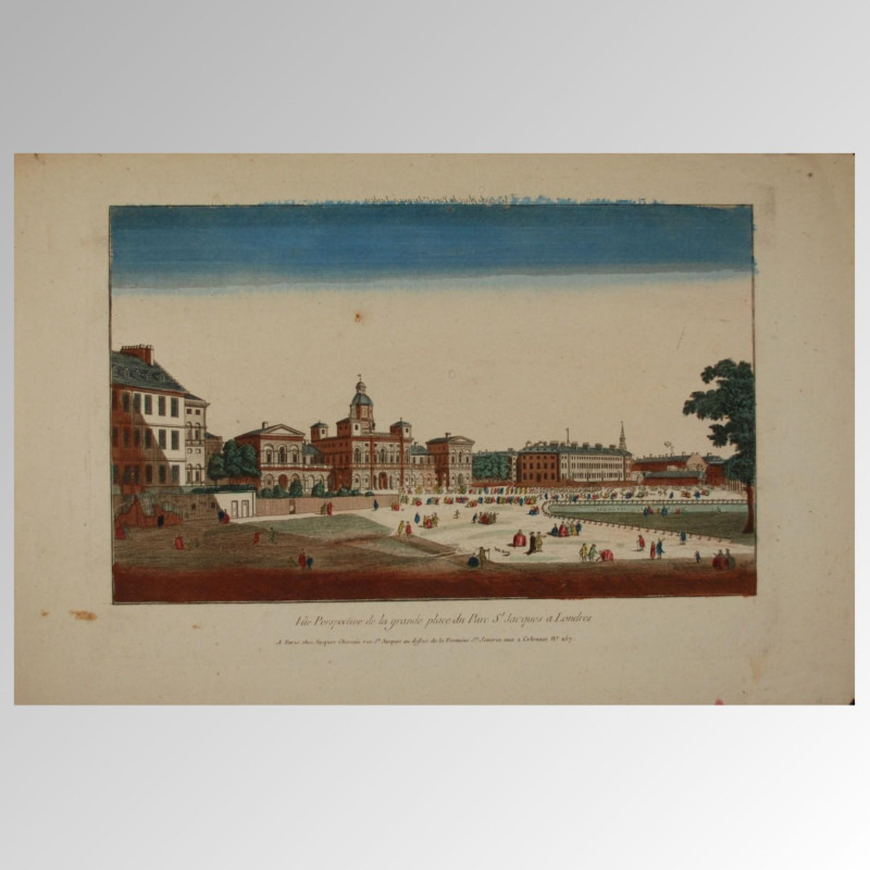 LONDRES. VISTA ÃPTICA. 1750. / Vue perspective de la grande place du parc st Jacques a Londres.